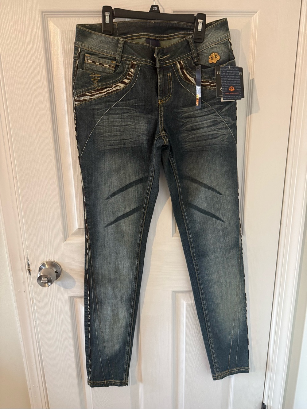 Dereon Distressed Dark Blue Skinny Jeans with Animal Print Accents